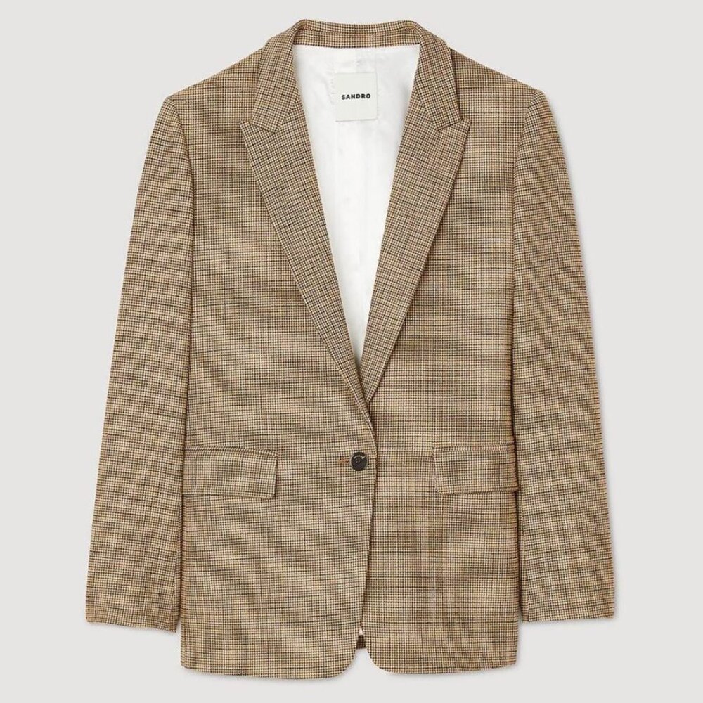 SANDRO Blazer Tan Brown Micro Houndstooth Women's Suit Jacket Size 38 FR / 6 US